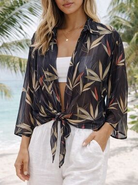 Banana Bay Sheer Tropical Tie Front Top Medium Black Palm Print Resortwear